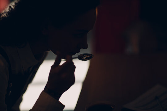 Cup Taster Girl Tasting Degustation Coffee Quality Test. Coffee Smell Cupping.