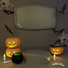 display product podium for social media post, helloween day celebration theme concept with monster pumpkin, bat, spider web, cauldron and witch hat