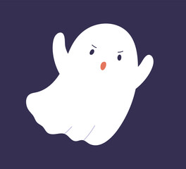 Cute ghost spook with scaring spooky face expression. Funny Halloween phantom spirit floating, frighting. Magic kawaii boo character for Helloween holiday. Isolated childish flat vector illustration