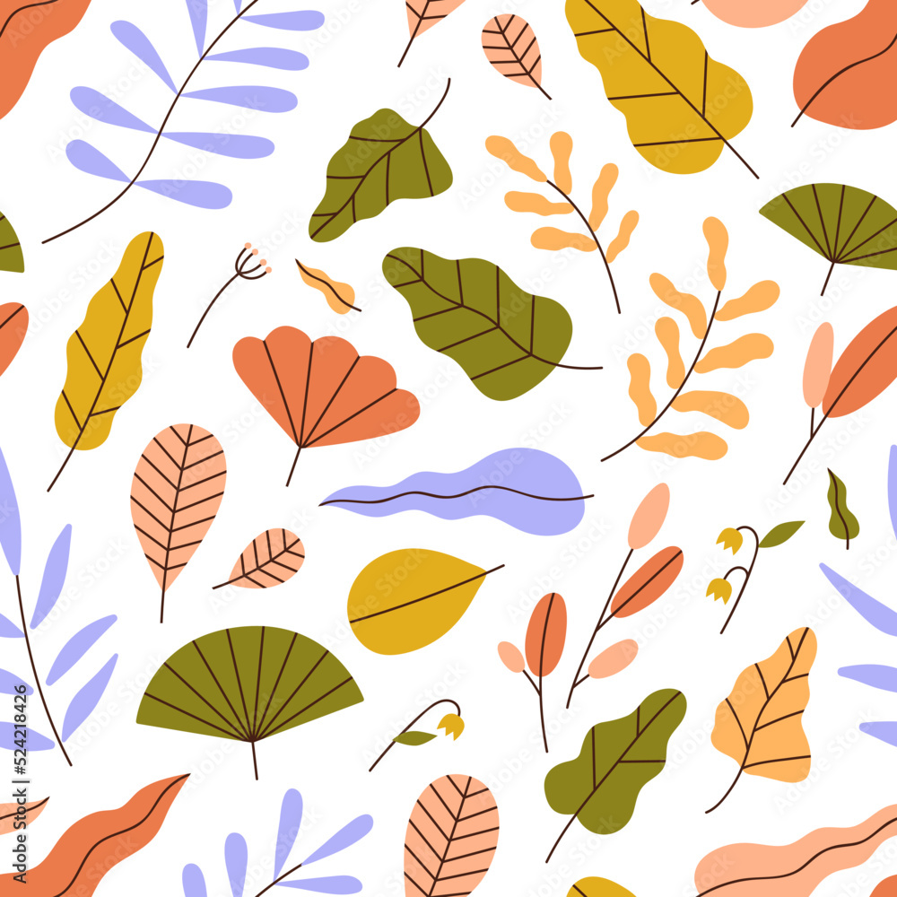 Fototapete seamless leaf pattern. modern botanical background with repeating colorful leaves print. abstract di