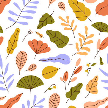 Seamless leaf pattern. Modern botanical background with repeating colorful leaves print. Abstract different foliage plant texture design for textile, fabric. Printable colored flat vector illustration