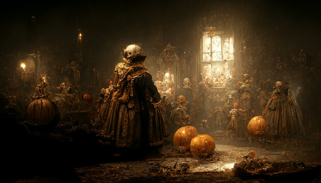 Halloween illustration haunted house with pumpkins. realistic halloween festival illustration. Halloween night pictures for wall paper. 3D illustration. Use digital paint blurring techniques.