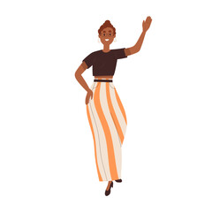 Happy woman waving with hand, saying hi, hello. Friendly smiling female character walking and welcoming, greeting smb with arm gesture. Flat graphic vector illustration isolated on white background