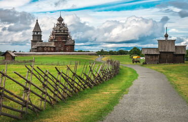 The wooden buildings of the ancient Russian architecture. The famous Church of the Transfiguration...