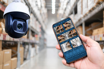 CCTV camera or surveillance operating in store or warehouse, mobile connect with security camera