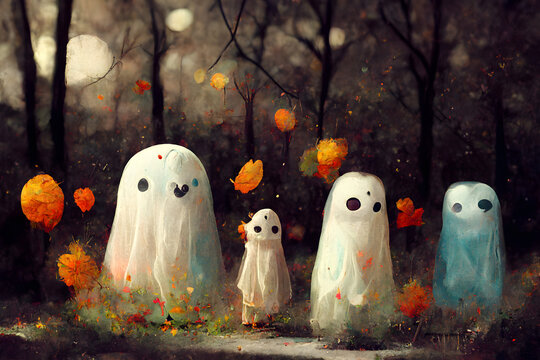 cute small white ghosts in sppoky black autumn halloween forest, neural network generated art. Digitally generated image. Not based on any actual scene or pattern.