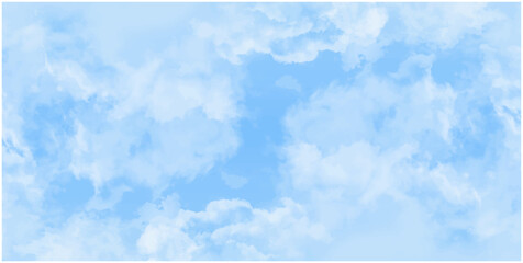 Blue skies with white clouds background. Romantic sky. Abstract nature background of romantic summer blue sky with fluffy clouds. Beautiful puffy clouds in bright blue sky in day sunlight.><