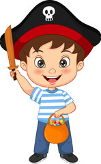 Cute pirate boy holding a basket of candies