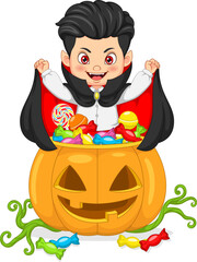 Cartoon little dracula with basket of candies