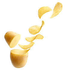 Cut potato turning into potato chips isolated on white