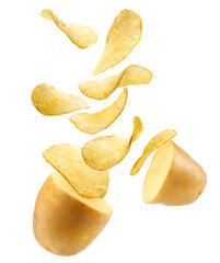 Potato and cripsy potato chips isolated on white background