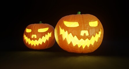 Halloween with Jack O Lantern pumpkins glowing in black background. 3D illustration rendering.