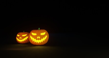 Halloween themed banner with Jack O Lantern pumpkin glow in the dark on old wooden floor. 3D illustration rendering.