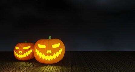 Halloween themed banner with Jack O Lantern pumpkins glows in the dark on an old wooden floor with the dark sky in the background. 3D illustration rendering.