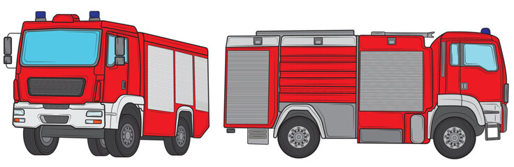  Two fire truck ambulance car. Side view. Vector illustration.