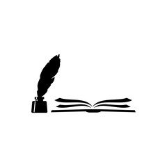 Open book with old pen feather and inkwell black