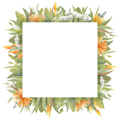 Watercolor floral square frame with garden and meadow orange flowers, herbs and leaf. Watercolor hand-draw illustration of a wild plants and botany. Template for decor card, invitation, greeting.