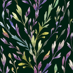 Seamless floral pattern with herbs and leaves on a dark green background. All elements are hand drawn in watercolor. Suitable for decorating fabrics, textiles, wrapping paper, cards, covers 