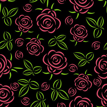 Roses, flowers and leaves, seamless pattern vector