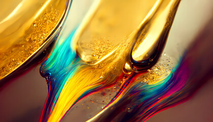 Liquid colorful and golden paints, Abstract fluid smooth background with waves luxury.3d render.