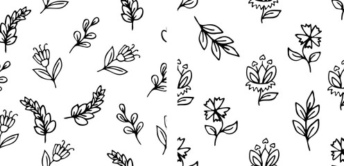 Vector seamless pattern with hand drawn herbs and flowers on white background