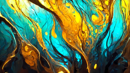 Liquid colorful and golden paints, Abstract fluid smooth background with waves luxury.3d render.