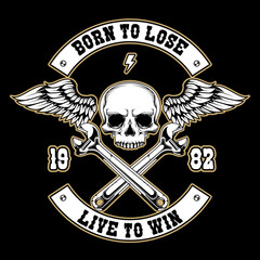 vintage motorcycle logo with skull, piston and wrench vector illustration