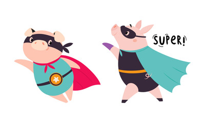 Cute funny superhero pigs in capes and masks set cartoon vector illustration