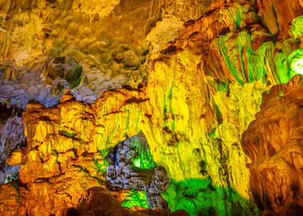 Stalactites in caves in Halong Bay, Vietnam