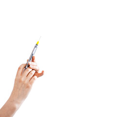 Syringe for injection in female hand on white