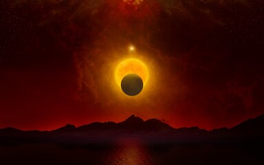 Apocalyptisch dramatisch beeld, het concept van de dag des oordeelsgebeurtenis. Gloeiende volle maan en planeet Nibiru in donkerrode lucht boven zwarte bergen en zee.