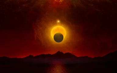 Fototapete Rot  violett Apokalyptisches dramatisches Bild, Doomsday-Event-Konzept. Glühender Vollmond und Planet Nibiru im dunkelroten Himmel über schwarzen Bergen und Meer.