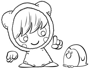 Chibi girl with a penguin. Element for coloring page. Cartoon style.