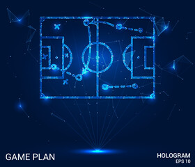 Hologram game plan. The game plan consists of polygons, triangles of points and lines. The diagram drawn on the football field is a low-poly compound structure. Technology concept vector.