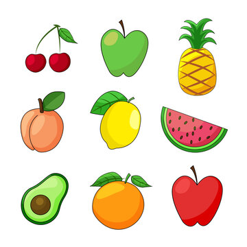 Fruit collection set vector illustration cartoon avacado, orange, apple, watermelon, cherry, lemon, pineapple, peach.