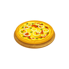 Pizza pugliese with onion, sun-dried tomato and mozzarella isolated italian cuisine food. Vector Apulia Puglia pizza, baked traditional Italy cuisine food with cheese and vegetables, homemade cooking