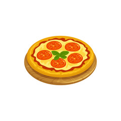 Margherita Neapolitan pizza of San Marzano tomatoes, mozzarella cheese, fresh basil, salt and extra-virgin olive oil. Vector Italian cuisine dish, traditional Italy food, cow mozzarella and veggies