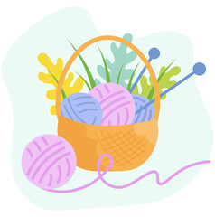 Basket with knitting, multi-colored woolen balls of yarn and knitting needles. Decorative composition decorated with oak leaves.Vector illustration in cartoon flat style for World Knitting Day.