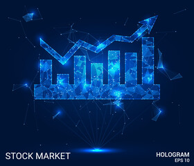 Hologram stock market. Stock market made of polygons, triangles of points and lines. Stock market icon is a low-poly compound structure. Technology concept vector.