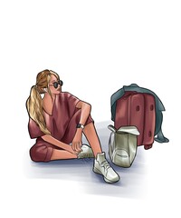 A girl with luggage is waiting for a trip. A woman is sitting next to the bags. A young tourist in a pink tracksuit. Illustration
