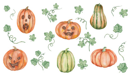 Watercolor illustration of hand painted orange carved jake-o-lantern pumpkins with scary faces for Halloween with leaves, tendrils. Autumn harvest of vegetables. Isolated food clip art for card, print