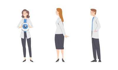 Obraz premium Doctors ophthalmologists set. Optometry, ophthalmology diagnostics cartoon vector illustration