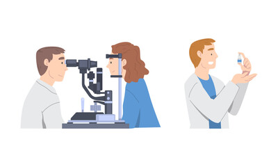 Eyesight diagnostics. Patient visiting ophthalmologist. Optometrist checking up eyesight cartoon vector illustration