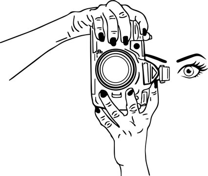 recommend clip art: Hand holding still photography camera sketch drawing silhouette, Photography camera logo clip art, hand holding still camera in vertical view line art illustration