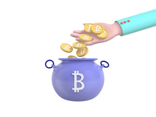 Bitcoin in a pot isometric icon isolated 3d illustration