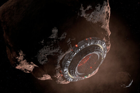 Artwork of an asteroid being mined.