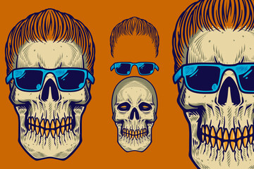 skull head with hair and glasses vector illustration