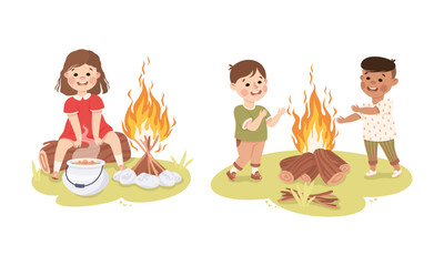 Little children camping around bonfire at summer camp. Happy kids cooking and warming themselves by fire cartoon vector illustration