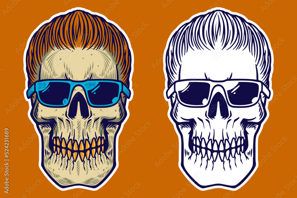 Wall mural skull head with hair and glasses vector illustration