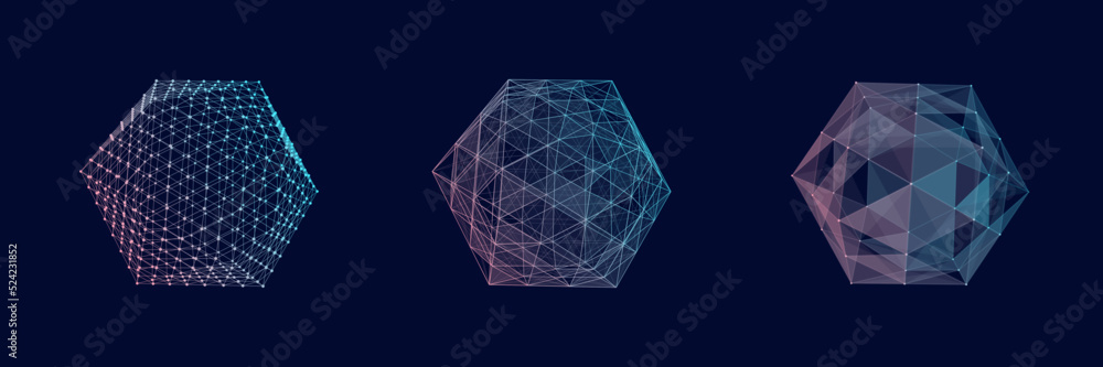Poster set of color wireframe spheres. 3d geometric forms icosahedrom. realistic isolated model. vector iso